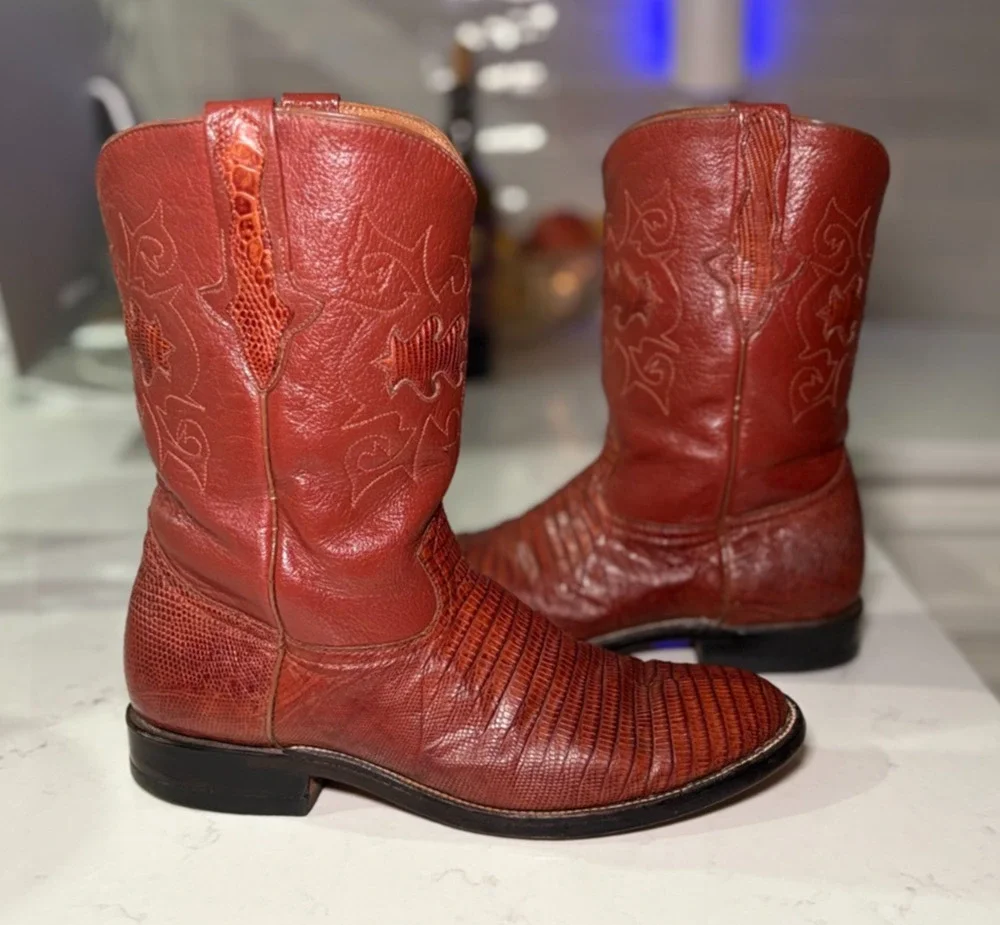 Vintage Don Cuco Men's Teju Lizard Cowboy Western Boots Size 9 EEE Red Leather